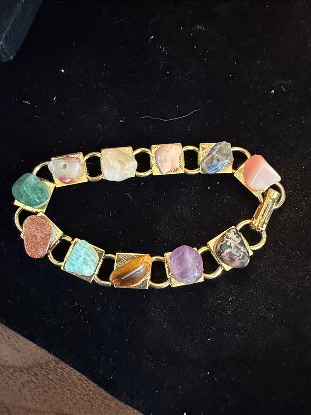 Multicolor Semi-Precious Stone Link Bracelet - Gold Tone